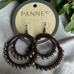 NWT Pannee Crochet Mixed Shaky Charm Beads Boho‎ Hoop Earrings 2.7" Thailand